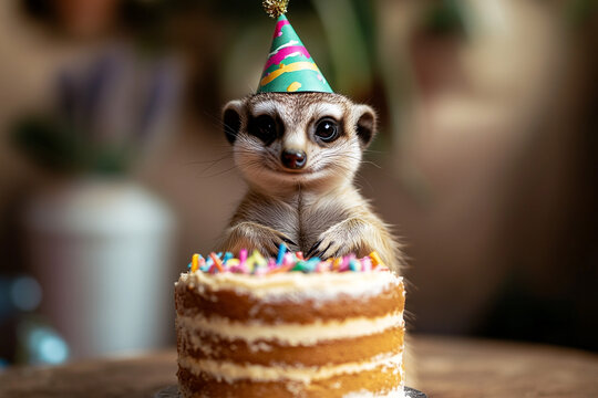 A cute, tiny chihuahua puppy with a red hat sits near a happy birthday cake with candles