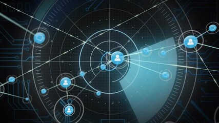 Aufkleber - Central user node connecting with blue chat bubble icons and data points in technology interface