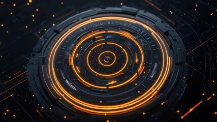 Fototapete - Abstract digital interface with glowing orange lines and circular patterns in a dark futuristic environment