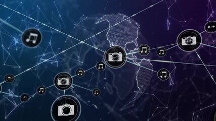 Poster - Digital designer exploring virtual technology network, connecting glowing camera and music icons