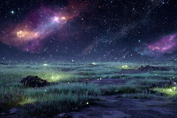 Poster - Starlit landscape with glowing flora under a cosmic sky at nighttime