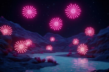 Poster - Vibrant pink lights glow over a serene body of water in a mystical landscape during nighttime