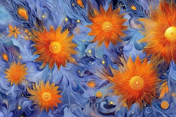 Poster - Colorful abstract depiction of sunflowers against a swirling blue background in a vibrant artistic style