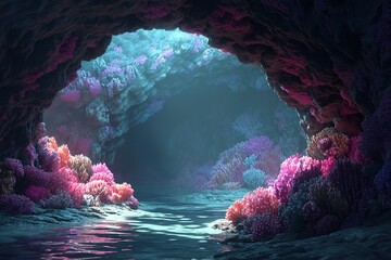 Poster - Vibrant underwater cave filled with colorful corals in serene ocean light