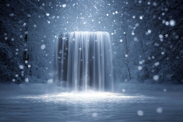 Poster - frozen waterfall cascading under a winter night sky illuminated by soft light and falling snowflakes