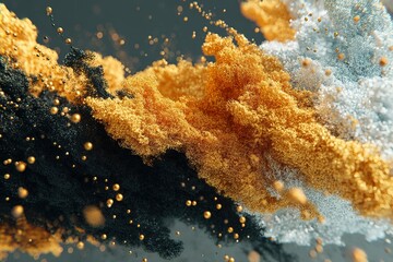 Poster - Dynamic abstract composition of swirling particles in gold, black, and white tones creating a dramatic visual effect