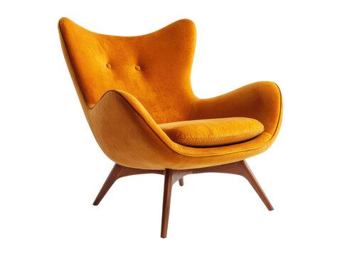 Single,  orange  armchair  featuring  a  mid-century  modern  style  and  soft,  cushioned  upholstery.  Its  warm  color  and  smooth  lines  create  an  inviting  visual.