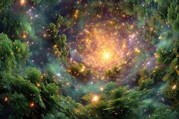 Poster - Colorful cosmic swirl surrounded by vibrant green foliage creates a mesmerizing visual experience in a surreal universe