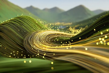 Poster - Vibrant golden stream flowing through lush green hills under a clear sky at sunrise