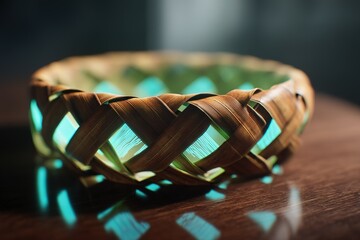 Poster - Intricately woven basket highlighted with soft blue light on a wooden surface