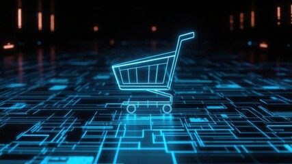 Poster - Futuristic Digital Shopping Cart in a Tech-Inspired Virtual Space for E-Commerce and Online Retail Concepts