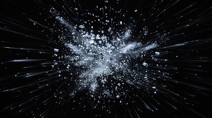 Poster - A stunning abstract illustration featuring exploding white spheres against a black background, enhanced by vibrant neon light effects. Perfect for dynamic visuals.