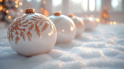 Elegant white sphere ornaments with detailed copper pattern rest on sparkling snowy surface reflecting gentle light bokeh