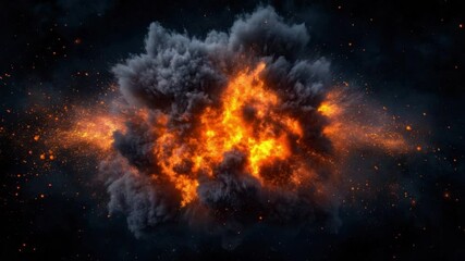 Poster - Dramatic Explosion with Flames and Smoke Against a Dark Background in a High-Definition Imagery