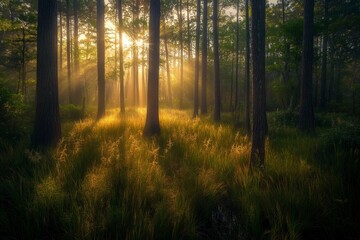  Golden sunlight streams through misty forest
