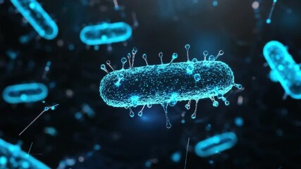 Poster - Close-up View of Microscopic Bacteria with Neon Blue Glowing Effect in Dark Background