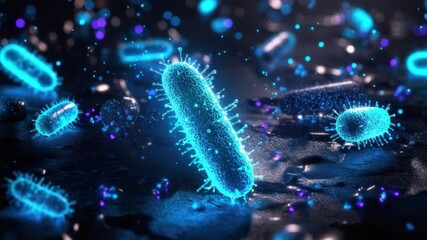 Poster - Vibrant Blue Microorganisms in Abstract Environment with Light Effects and Dark Background