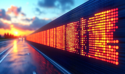 Poster - Illuminated display on road with sunset background
