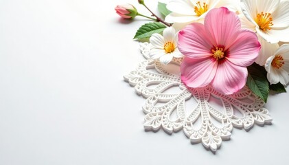 Intricate floral lace doily, delicate design, white background, texture background, surface, craft