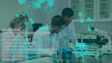 Poster - three lab scientists collaborating at steel bench, with turquoise molecular diagrams floating above