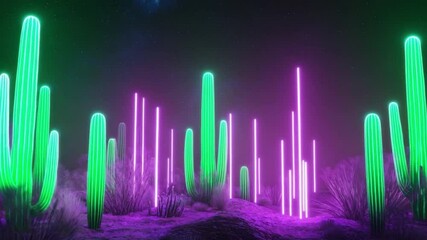 Poster - Neon Cactus Landscape at Night with Colorful Light Illumination and Starry Sky