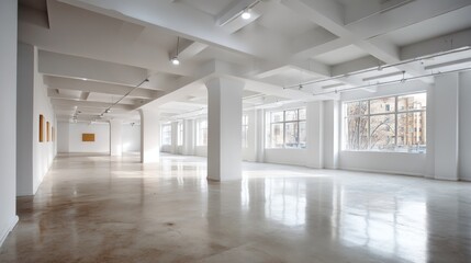 Fototapete - Large bright room showcases white walls and a polished floor, bathed in natural light from expansive windows, creating a peaceful and inspiring atmosphere, perfect for creativity