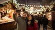 © Image - Couple takes a selfie at a festive outdoor market in the snow, surrounded by lights.