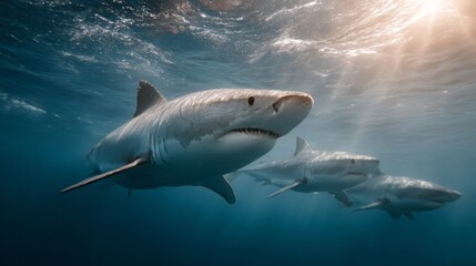 Poster - Beneath the shimmering surface of the ocean, a group of graceful sharks swims harmoniously together. Sunlight filters through the waves, illuminating their sleek bodies in an aquatic dance