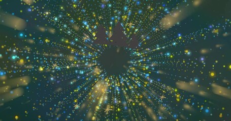 Poster - bursting multicolored particles radiating around stylized pine silhouettes and glowing stars