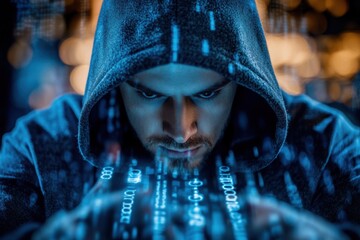 Poster - Man in hoodie looking at glowing code with intense focus in a dark and moody environment
