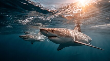 Poster - A mesmerizing display of powerful sharks swims effortlessly in the deep blue ocean. Rays of sunlight pierce through the water, highlighting their sleek forms. Nature's beauty is on full show