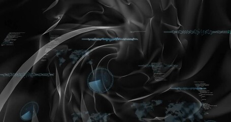 Poster - Floating translucent ribbons swirling in dark interface, displaying blue HUD maps and graphs