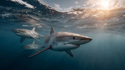 Poster - In tranquil ocean waters, a group of majestic sharks swims effortlessly, showcasing their natural grace. The sun sets in the background, adding a beautiful glow to the scene