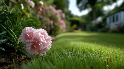 Poster - A lush green lawn stretches gracefully, showcasing a delightful flower garden bursting with vibrant blossoms. This serene haven invites peaceful moments under the gentle sun