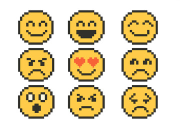 Poster - Collection of emoticons representing various emotions displayed in pixel art style on a white background