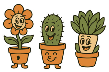 Poster - Happy cartoon plants in colorful pots celebrate their lively personalities under bright sunshine