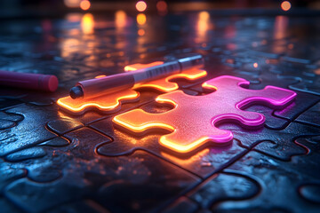 Poster - Neon puzzle pieces illuminated