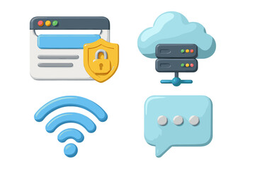 Poster - modern digital icons illustrating cybersecurity, cloud computing, wireless connectivity, and messagi