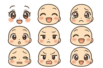 Poster - Various facial expressions of a cartoon baby with round features, showcasing emotions like happiness, sadness, and anger in a fun style