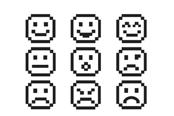 Poster - Pixel art depicting a range of facial expressions in a grid layout, showcasing emotions like happiness, surprise, and sadness
