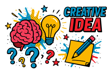 Poster - Bright concepts and inspiration represented through a colorful illustration of a brain, light bulb, and notepad with pencil