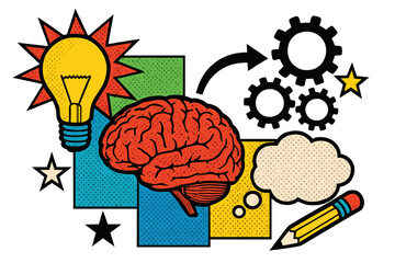 Poster - Creative thinking process illustrated with brain, light bulb, gears, and pencil on colorful background
