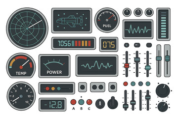 Poster - Control panel design showcasing a variety of gauges, dials, and screens for monitoring spaceship functions and performance metrics