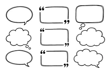 Poster - Black and white speech bubbles and quotation marks with different shapes on a white background