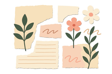 Poster - Decorative paper scraps featuring floral designs and natural elements on a light background for creative projects