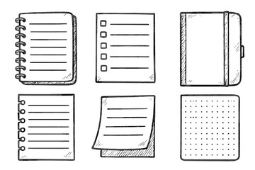 Poster - Collection of hand-drawn notepads and stationery in various styles and designs arranged on a plain background