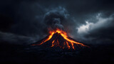 Lava streaming down a volcano with dramatic clouds and a dark sky above.