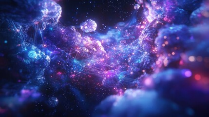 Poster - abstract cosmic nebula with glowing particles and vibrant colors.