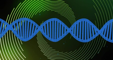 Poster - Blue DNA double helix glowing horizontally, with green arcs radiating and particles hovering