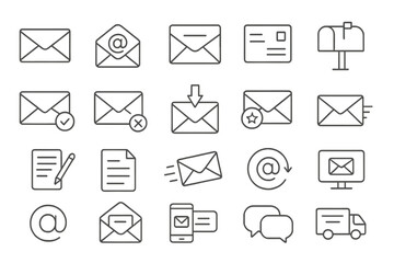Poster - Modern symbols representing various forms of communication including emails, messages, and postal items in a simple linear design